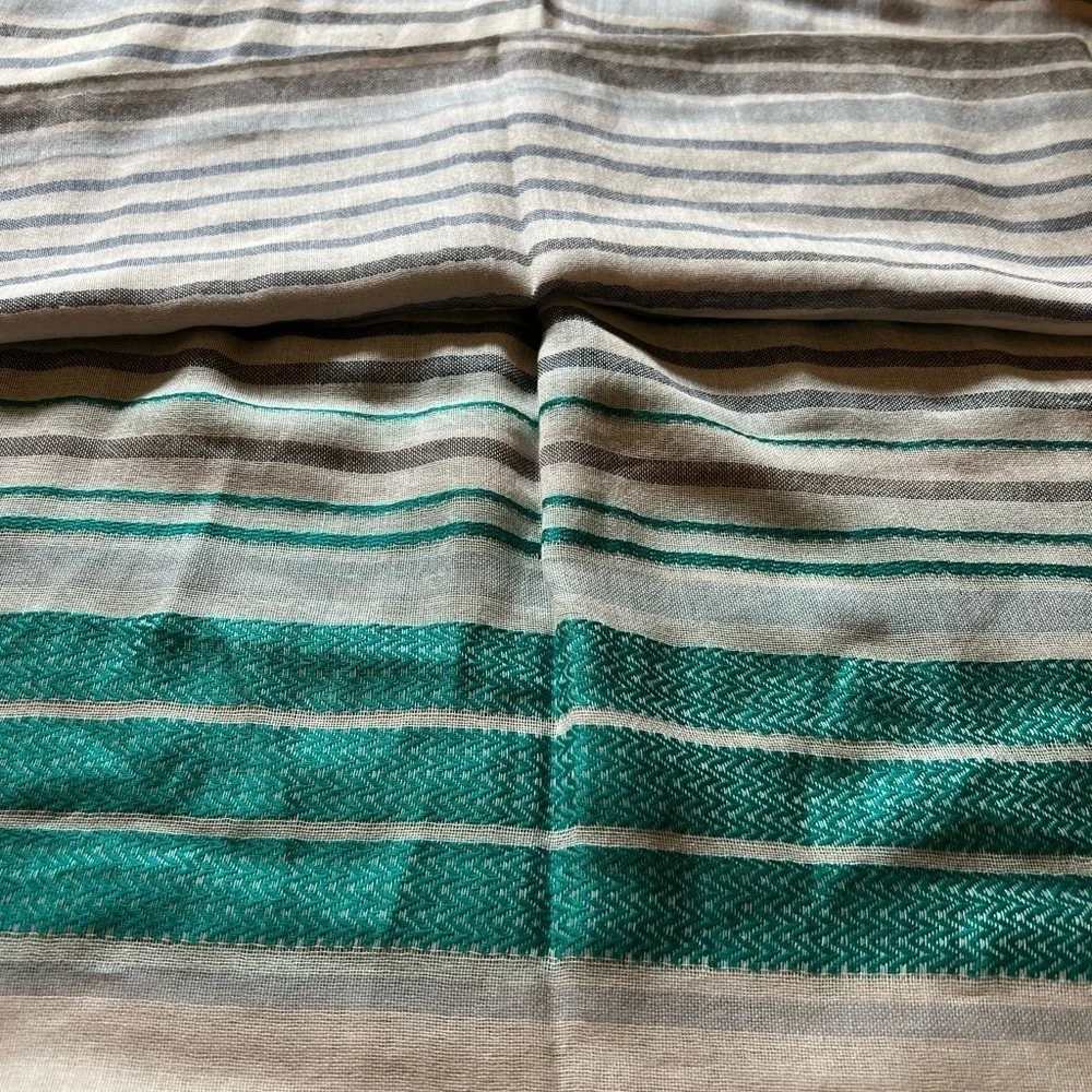 NWT Asian Eye “Laredo” Light Cotton Striped Scarf, Aqua white Blue Gray